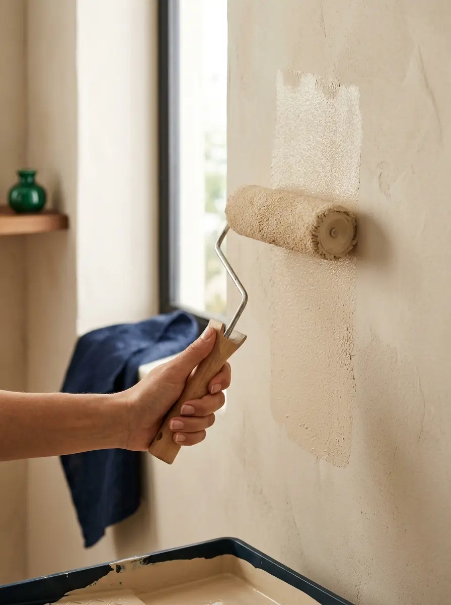 Persona aplicando pintura con rodillo en una pared — guías de pintura