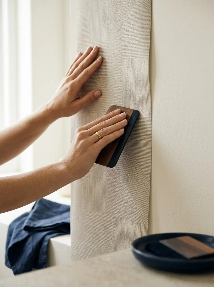 Manos colocando papel pintado en una pared