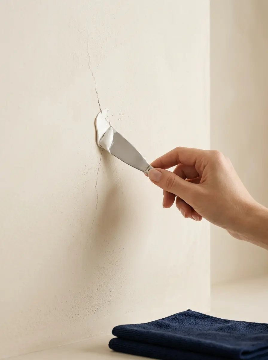 Aplicando masilla en una grieta de la pared antes de pintar
