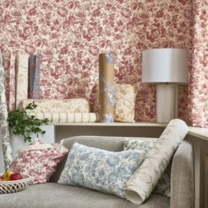 Papel pintado Casadeco Celestina color beige, rojo, azul, negro con diseño elegante